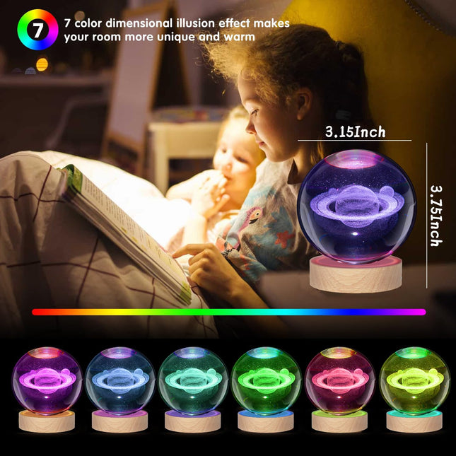 3D Galaxy Crystal Ball Night Light for Kids with Colorful LED Light Base,Astronomy Decor and for Kids, Christmas Classmates and Kids Birthday (Multicolor Saturn)