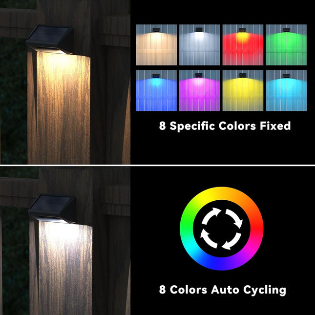 Bridika Solar Fence Lights 8 Colors, Warm White, Cool White And Rgb, Bright Deck Lights Solar Outdoor Waterproof, Dusk To Dawn