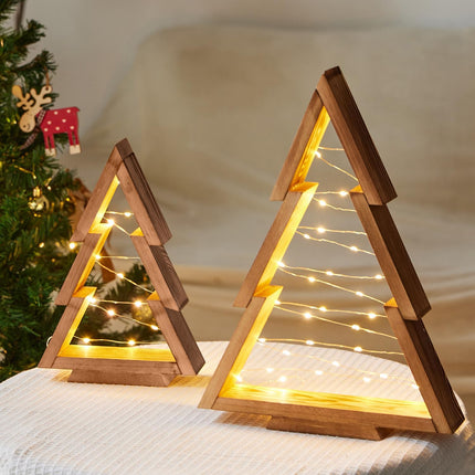 2 Pack Wooden Tabletop Christmas Trees with Lights, Modern Christmas Decorations Indoor, Farmhouse Christmas Decor Small Tree for Table Top, Mantle, Shelf (Large-14.2 in, Small-10.2 in)