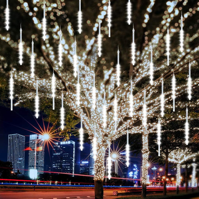 Number-one Meteor Shower Lights, LED Falling Rain Lights 30cm 8 Tube 192 LEDs Falling Raindrop Light, Waterproof Icicle Snow Fall String Lights for Xmas Tree Parties Wedding Garden (White)