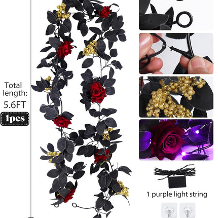 RECUTMS Halloween Flower Garland Decorations Rose Vines with Purple LED Artificial Vine Plants Flowers Wreaths Fake Flower Garland Fake Ivy Real Touch Silk Plastic Leaf for Wedding Home (Red)