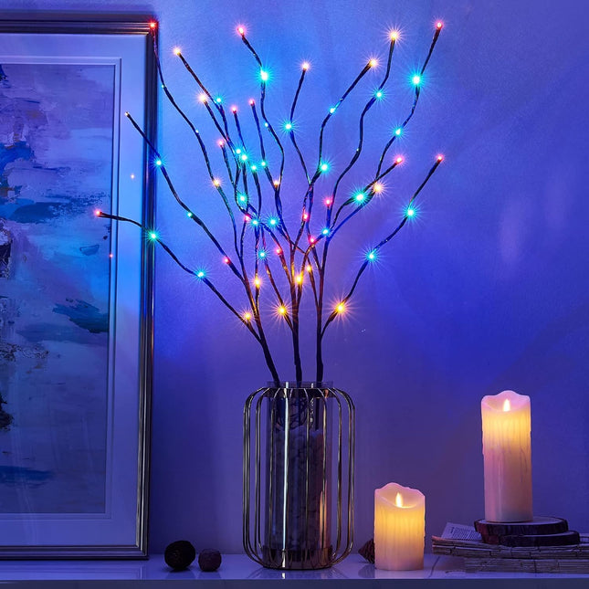 Vanthylit Pre-lit 3PK Christmas Twig Branches Pathway Lights with 30'' 60 LED Multi Color Bulbs Waterproof Plug in Brown Willow Branch Lights for Outdoor and Indoor Decor