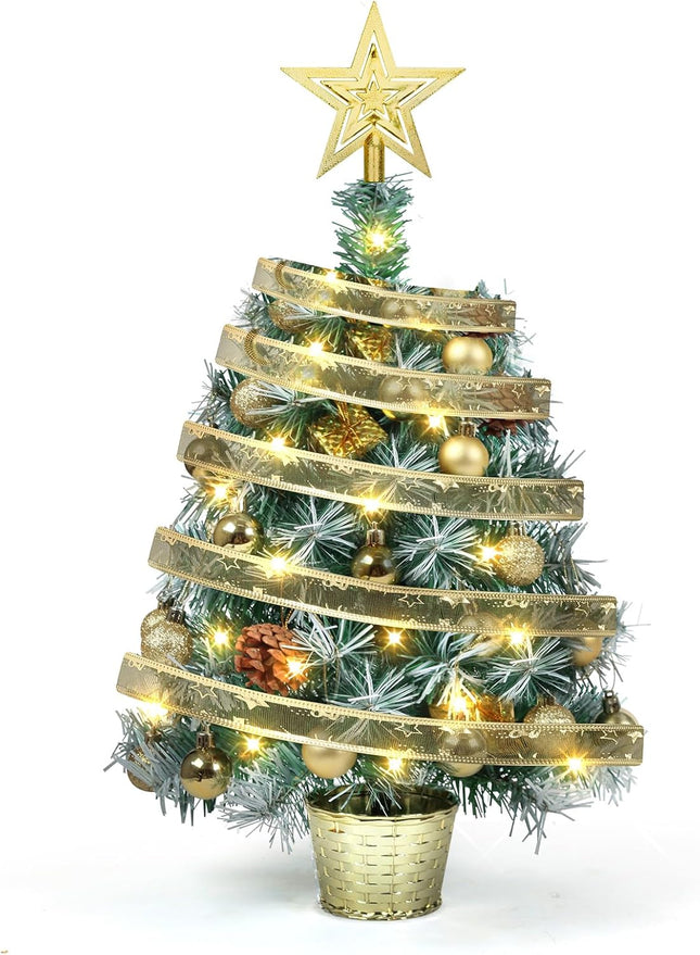 Small Prelit Christmas Tree, 20" Tabletop Mini Xmas Trees, Snow Flocked Battery Operated Tiny Artificial Trees with Lights, Balls Ornaments, Lighted Xmas Decorations for Table Centerpiece