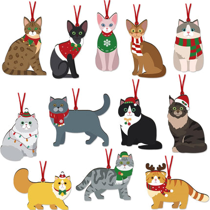 12pcs Christmas Cat Ornaments Wooden Kitty Hanging Ornaments with Christmas Hat and Scarf for Christmas Tree Winter Home Decor Cat Themed for Cat Lovers