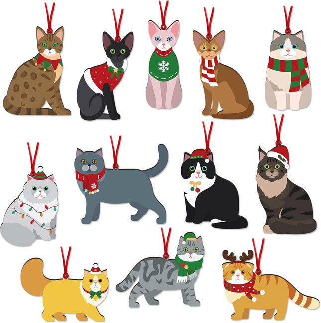 12pcs Christmas Cat Ornaments Wooden Kitty Hanging Ornaments with Christmas Hat and Scarf for Christmas Tree Winter Home Decor Cat Themed for Cat Lovers