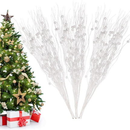 Christmas Artificial Glitter Berry Stem Decorations Decorative Bead Sticks Xmas Picks Glittery Twigs Branches for Christmas Tree Wreath Vase Decor Party Ornaments White 24 PCS