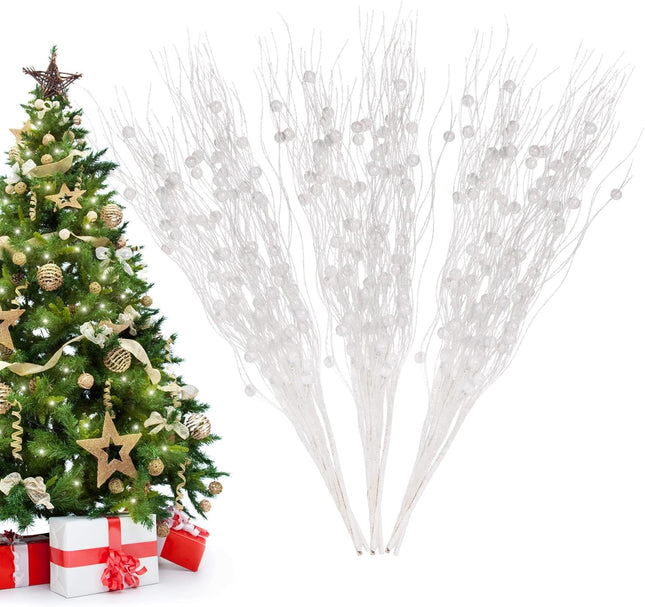 Christmas Artificial Glitter Berry Stem Decorations Decorative Bead Sticks Xmas Picks Glittery Twigs Branches for Christmas Tree Wreath Vase Decor Party Ornaments White 24 PCS