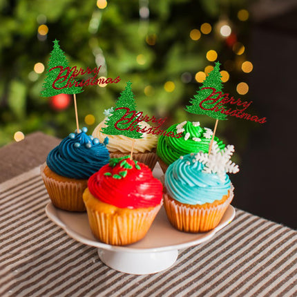 Christmas Cake Topper Red Glitter Merry Christmas Cake Topper Christmas Tree Party Cake Decoration for Christmas Xmas Holiday Party Cake Supllies-10pcs