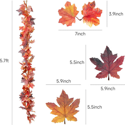 2 Pack Fall Garland 5.7ft/Piece 3D Artificial Fall Leaves Garland Hanging Vine Fall Decorations for Home Fall Maple Leaf Garland for Mantle Thanksgiving Party Fireplace Outdoor Porch Decor