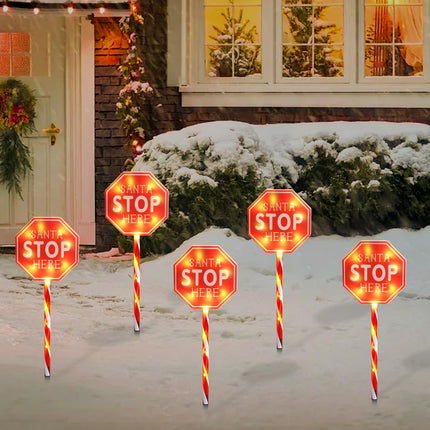 Christmas Santa Stop Here Garden Stakes 5 Packs Battery Christmas Yard Sign with LED Lights Waterproof Xmas Outdoor Decorations for Garden Lawn Pathway