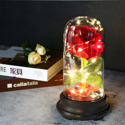 Enchanted Red Silk Rose,Beauty and the Beast Rose with Fallen Petals in A Light Dome,Home/Office or Home Decorations, Anniversary, Valentine's Day Christmas