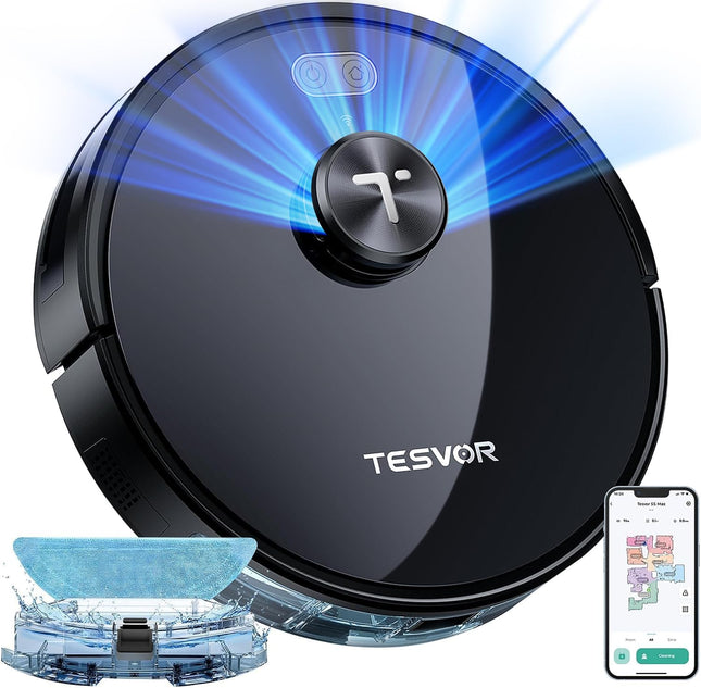 Tesvor S5 Max Robot Vacuum And Mop Combo, 6000Pa Suction Robotic Vacuum Cleaner, Lidar Navigation,5200Mah,260Mins Runtime, 10 Nogo&Nomop Zones, Smart Mapping,Perfect For Pet Hair And Hard Floor