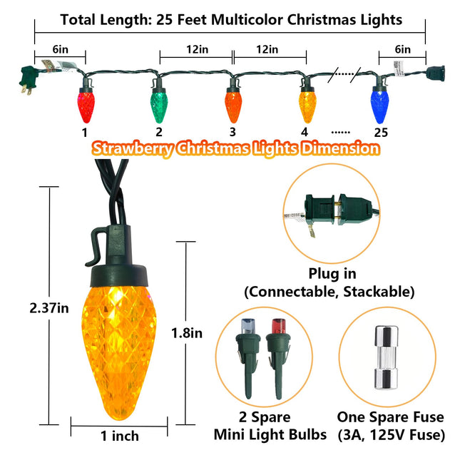 C9 LED Christmas Lights Outdoor, 25Ft Strawberry String Lights 25 LED Multicolor Christmas Lights, Plug in Vintage Christmas Lights for Garden Camping Party Xmas Tree Wedding Christmas Decor