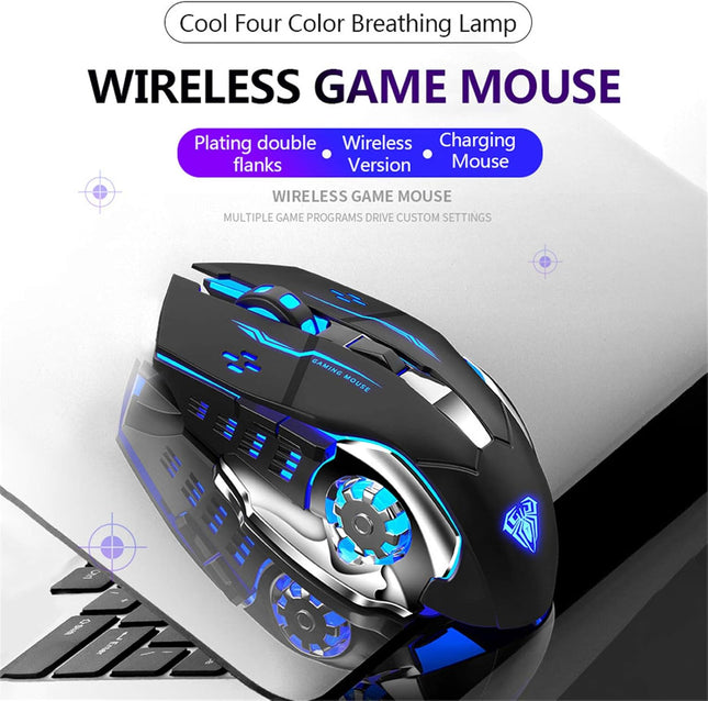 AULA SC100 Silent Wireless Gaming Mouse Rechargeable, with Side Buttons, LED Backlit, DPI Adjustable, 2.4G Wireless Optical Computer Mice Punk Cool Mouse for Games/Work (Black)