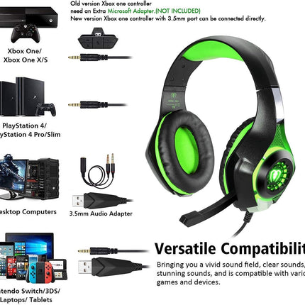 3.5mm PS4 Gaming Headset Headphone with Microphone and LED Light Compatible with Playstation 4, PS5, Xbox one, PC (Green)