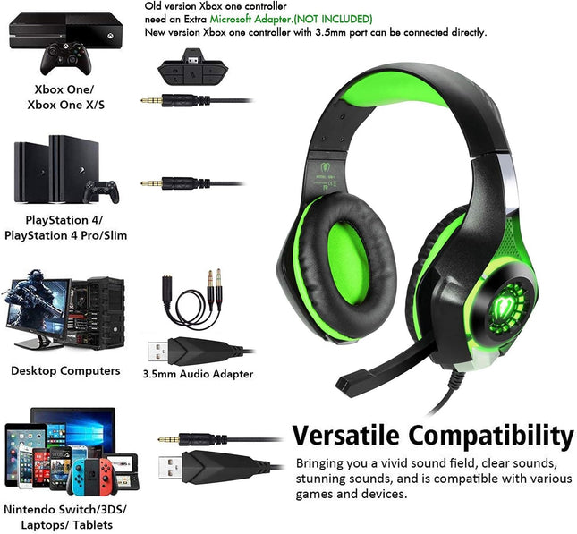3.5mm PS4 Gaming Headset Headphone with Microphone and LED Light Compatible with Playstation 4, PS5, Xbox one, PC (Green)