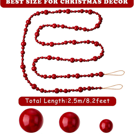 2 Pcs/ 16.4 Feet Christmas Wood Bead Garland Rustic Christmas Wooden Beads Decorative Christmas Tree Wood Beaded Garland Decor Farmhouse Boho Ornaments for Christmas Decoration Supplies (Dark Red)