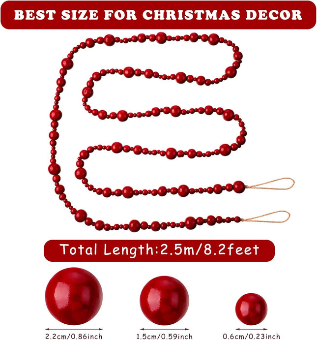 2 Pcs/ 16.4 Feet Christmas Wood Bead Garland Rustic Christmas Wooden Beads Decorative Christmas Tree Wood Beaded Garland Decor Farmhouse Boho Ornaments for Christmas Decoration Supplies (Dark Red)