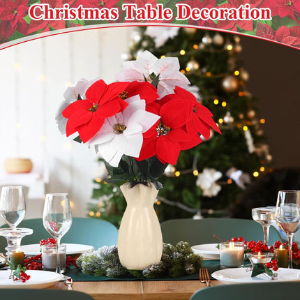 Riceshoot 18 Pcs Christmas Artificial Poinsettia Bushes 18 Inch Faux 5 Heads Poinsettia Bush Bouquets Velvet Artificial Christmas Flowers for Xmas Tree Home Indoor Outdoor Decorations (Red, White)