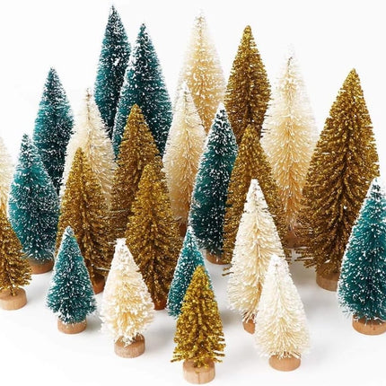 AerWo 24Pcs Mini Christmas Trees Bottle Brush Trees with Wood Base, Christmas Village Trees for Tabletop Christmas Decor Holiday Winter Decorations