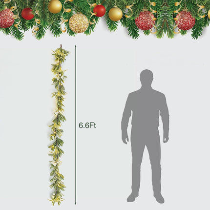 Ethlomoer 6.6FT Pre-lit Christmas Garland with 20 LED Lights, Battery Operated, Flocked Olive Lighted Garland with Snowflakes for Mantle Stairs Wall, Indoor&Outdoor, Greenery Garland for Christmas Dec