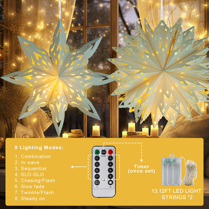 Christmas Paper Snowflake Lanterns, 2 Pack Christmas Paper Star Lantern with LED Light White Hanging Lamp Ornaments for Xmas Tree Year Winter Frozen Weddings Birthday Holiday Party Decorations