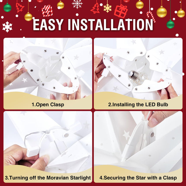 18" Moravian Star Outdoor Light - 18 Point White Christmas Star Indoor, 3D White PVC, Waterproof IP44, Battery Operated with Timer for Ballroom Porch Wedding Christmas Holiday Decoration