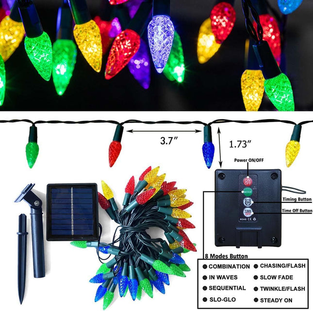 Solar Christmas Lights Outdoor C6 Strawberry String Lights, 50 LED Multicolor Outdoor Solar Powered Rechargeable Garden Lights for Xmas Tree, Holiday, Party Courtyard Decor