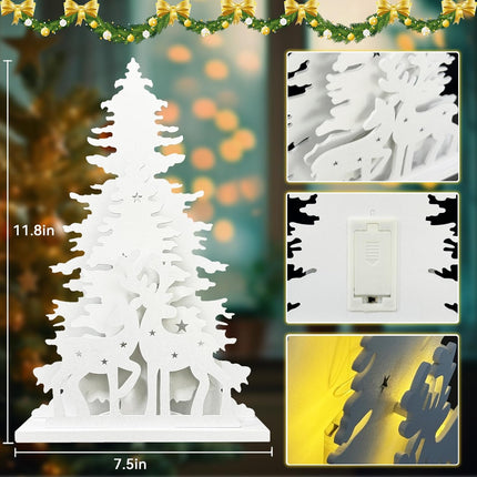 Wooden Christmas Tree Tabletop Decor, Cewuidy，LED Light up Wooden Christmas Reindeer Ornaments 11.8inch 2AA Battery Powered for Home Farmhouse Xmas Desktop Decorations(Indoor)