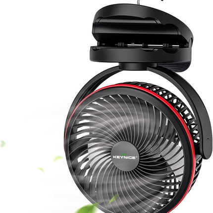 Keynice Battery Operated Fan With Hanging Hook, Portable Camping Fan With Night Light, 4 Speeds, Sturdy Clamp, 360° Rotation