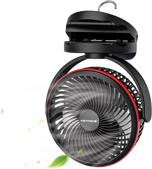 Keynice Battery Operated Fan With Hanging Hook, Portable Camping Fan With Night Light, 4 Speeds, Sturdy Clamp, 360° Rotation