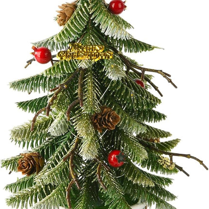 Mini Tabletop Christmas Tree, 14 Inch Artificial Small Xmas Tree with Red Berry, Pine Cone, Fake Greenery for Table Top Office Desk Classroom Room Holiday Christmas Decor(Silver Star)