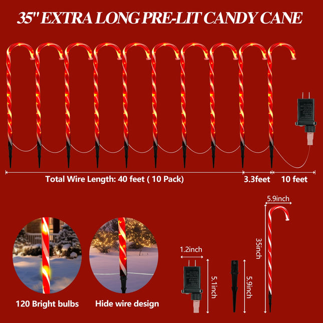 35'' Christmas Candy Cane Lights, 10 Packs Candy Cane Pathway Lights, 8 Modes LED Candy Cane Outdoor Christmas Decorations, Christmas Pathway Lights for Garden, Patio, Lawn, Walkway, Sidewalk