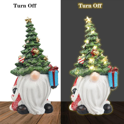 Lighted Christmas Tree Gnome Decoration - Resin Xmas Gnomes Figurine Light Up for Holiday Winter Indoor Home Table Decor