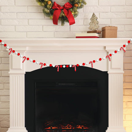 AnyDesign 8.2Ft Christmas Felt Candy Cane Garland Cute Red White Decorative Pom Pom Ball Banner Christmas Hanging Bunting Garland for Xmas Holiday Home Mantel Wall Decor Party Supplies