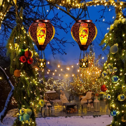 DREAMSOUL Christmas Hot Air Balloon Solar Lantern, Solar Snowman Decorative Solar Lantern with Candle Holder, Hanging Christmas Lantern with Flickering Flame for Garden Patio Snowman Decor