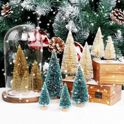 OurWarm 24Pcs Artificial Frosted Sisal Christmas Tree, Bottle Brush Trees with Wood Base DIY Crafts Mini Pine Tree for Christmas Home Table Top Decor Winter Ornaments Green, Gold and Ivory