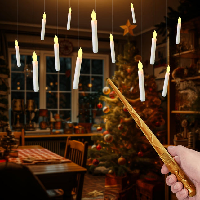 Floating Candles with Wand, 12 Pcs Magic Hanging Candles Flameless, Flickering Warm Light LED Taper Candle with Wand Remote, Battery Operated Window Candle Set for Halloween Witch Wizzard Decors
