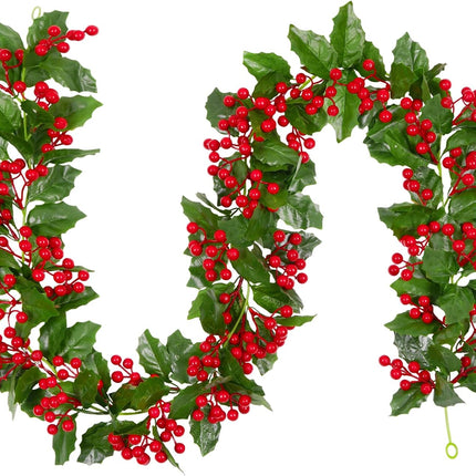 Christmas Garland, Red Berry Garland, Green Garland Christmas Decorations Indoor, Christmas Tree Garland for Mantle Holly Outdoor Home Table Year Decor