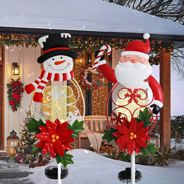 Solar Christmas Garden Stakes 2 Packs Santa and Snowman Christmas Metal Yard Stakes with LED Lights Waterproof Xmas Outdoor Decorations for Garden Lawn Pathway