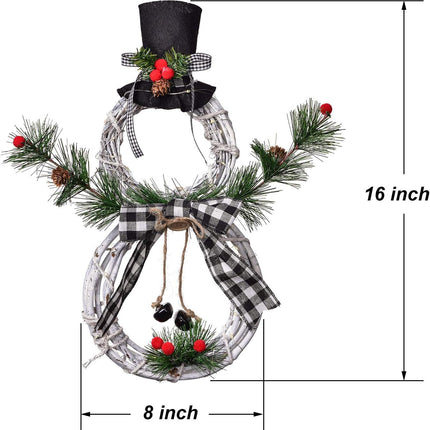 Artiflr 16 x 8 Inch Lighted Christmas Wreath Decoration, Grapevine Wreath with Hat and Bow Snowman Shape Wreath for Front Door Home Wall Decor (White)