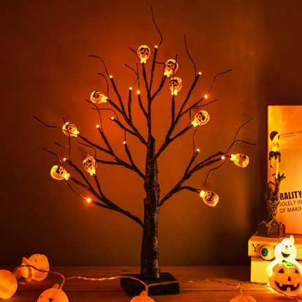 2Pack Halloween Tree, Black Spooky Tree with 24LED Orange Lights and 10 Pumpkin Ornaments Battery Powered 18IN Lighted Halloween Bonsai Tree for Indoor Tabletop Halloween Party Decoration