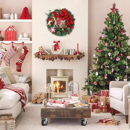 DoreenBow Christmas Wreath Door Wreath 18 Inch Christmas Berry Pine Cone Wreath with Red Bow Winter Christmas Artificial Wreath for Front Door Window Outdoor Home Decor