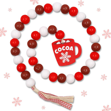 Hot Cocoa Wood Bead Garland Decorations Farmhouse Christmas Holiday Tiered Tray Decor Hot Chocolate Marshmallow Rustic Wooden Beads with Red Plaid Tassels Winter Year Ornaments