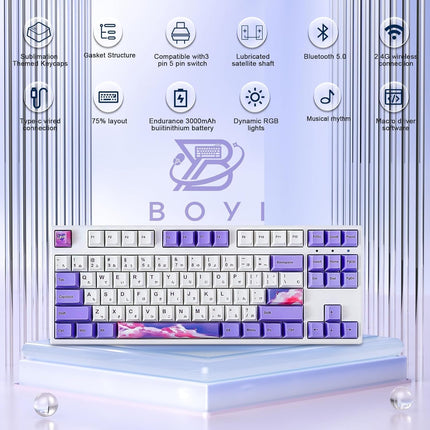 BOYI IK87 75% Hotswap Wireless Mechanical Keyboard,BT5.0/2.4G Wired Tri-Mode RGB Gaming Keyboard Double-Shot PBT Keycaps Gateron Yellow Switch Gasket N-Key Rollover TKL Keyboard for WINS/PC/Mac