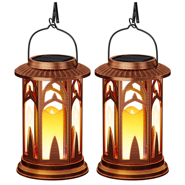 Solar Lanterns Outdoor Waterproof, 2 Pack Flickering Flameless Outdoor Solar Candle Lantern, Solar Powered & Battery Powered Hanging Lanterns Decorative Outdoor for Porch Garden Christmas Decorations