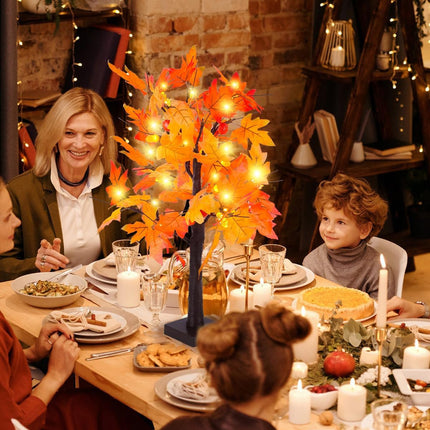 Fall Maple Tree with Lights, 2 Pack 25'' Artificial Fall Decorations for Home, Halloween Indoor Thanksgiving Table Decor USB & Battery Operated Autumn Tree with Acorns, Pine Cones, Pumpkin