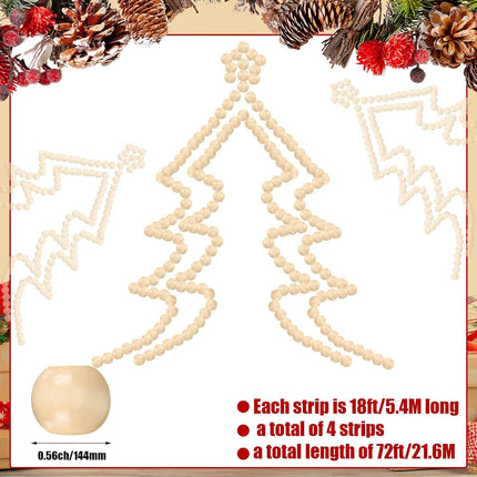 4 Pcs 72 ft Christmas Tree Wood Bead Garland Christmas Wooden Beads Garland Hanging Boho Christmas Decor Rustic Farmhouse Home Decor for Table Wall Holiday Mantel Ornaments (Regular)