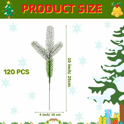 120 Pcs Artificial Pine Needles Branches Snowy Pine Branches for Christmas Tree, Vase, Wreath, Garland, DIY Crafts, Home Decor, Merry Christmas Wreath, Xmas Wreath for Home Decoration, Artifi