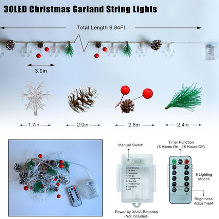Christmas Garland with Snowflake Lights, 30 Led 10ft Battery Operated 8 Lighting Modes Timer Pine Cones Red Berry Garland Indoor Outdoor Office Decor Xmas String Light Mantle Decorations Warm White